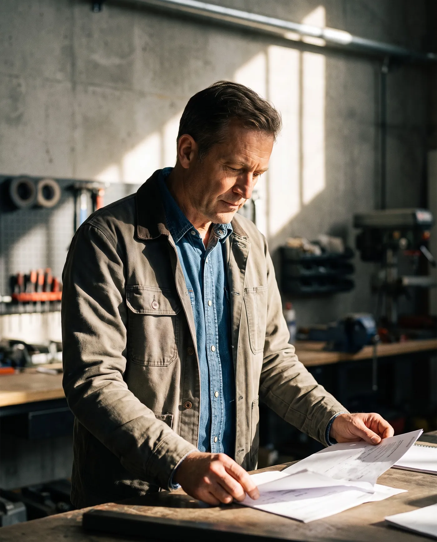 Dirigeant dans son atelier, consultant des documents