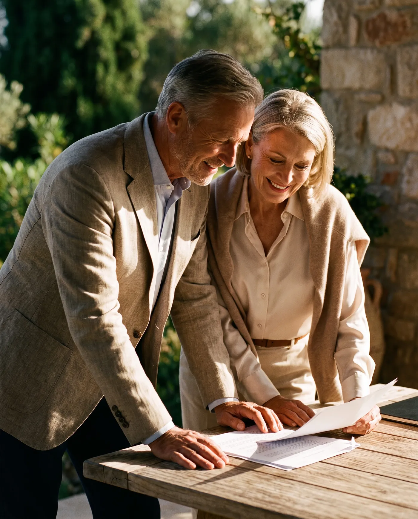 Couple souriant penché sur des documents, en terrasse