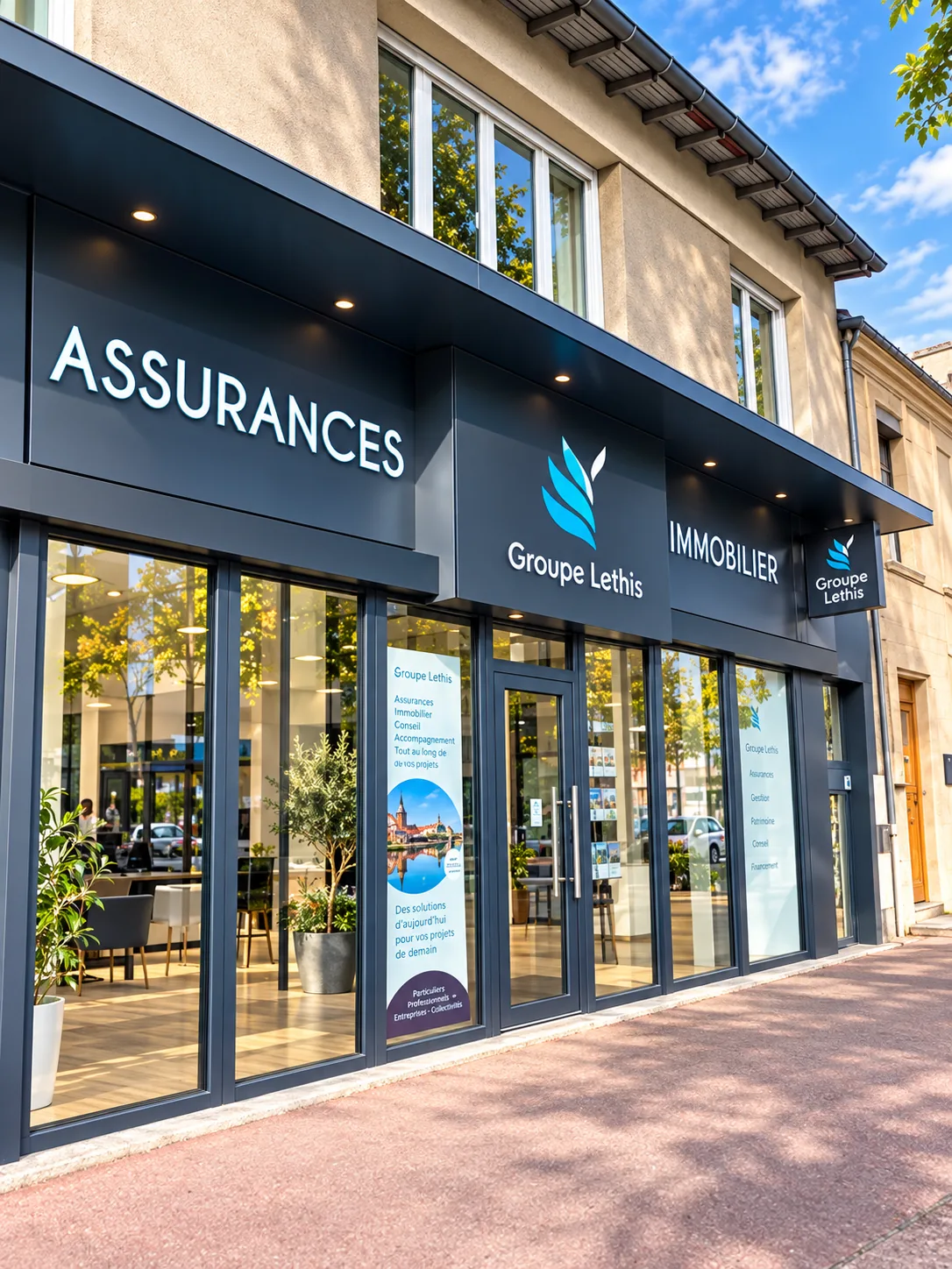Façade du cabinet Groupe Lethis, avec les enseignes Assurances et Immobilier